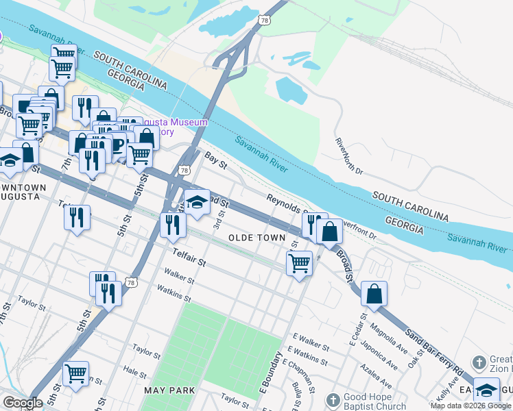 map of restaurants, bars, coffee shops, grocery stores, and more near 225 Broad Street in Augusta