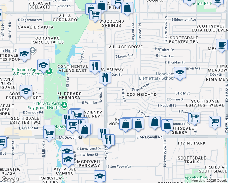 map of restaurants, bars, coffee shops, grocery stores, and more near 8028 East Hubbell Street in Scottsdale