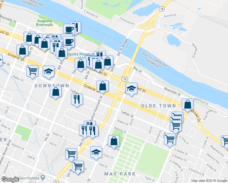 map of restaurants, bars, coffee shops, grocery stores, and more near 431 Greene St in Augusta