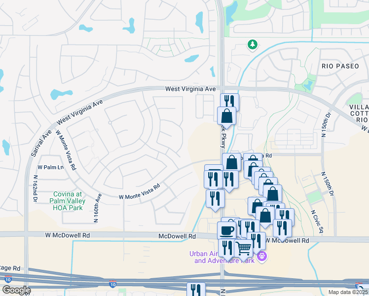 map of restaurants, bars, coffee shops, grocery stores, and more near 2281 North 156th Drive in Goodyear
