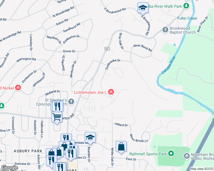 map of restaurants, bars, coffee shops, grocery stores, and more near 3436 Oak Canyon Circle in Birmingham
