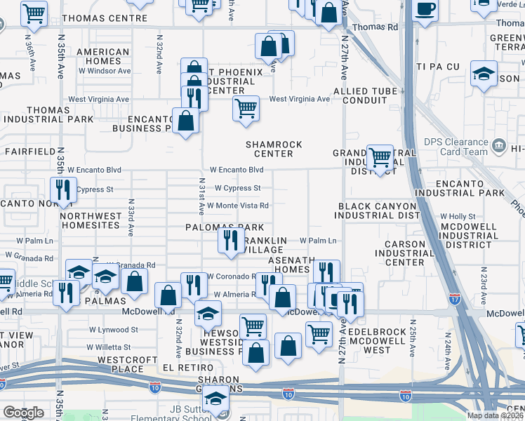 map of restaurants, bars, coffee shops, grocery stores, and more near 2909 West Monte Vista Road in Phoenix