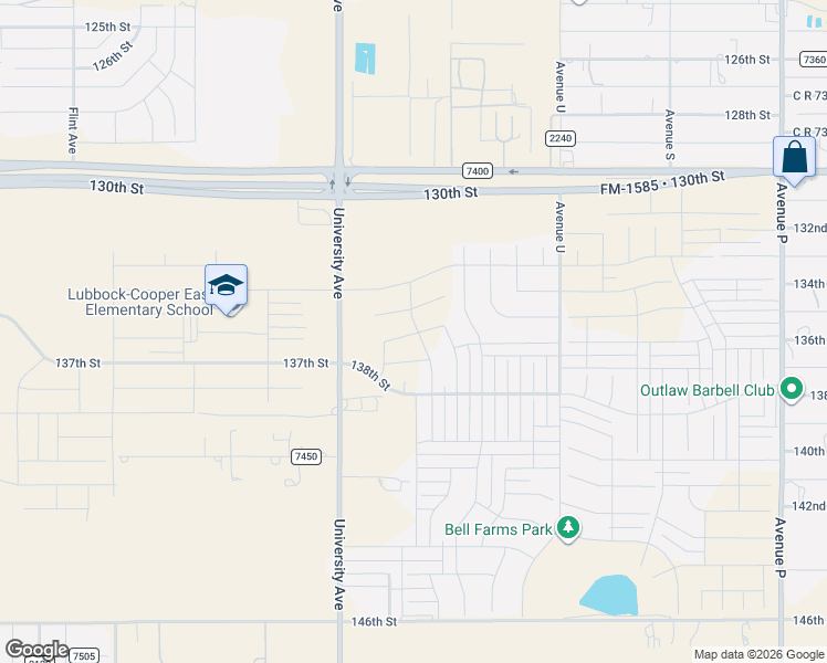 map of restaurants, bars, coffee shops, grocery stores, and more near 13605 Waco Avenue in Lubbock