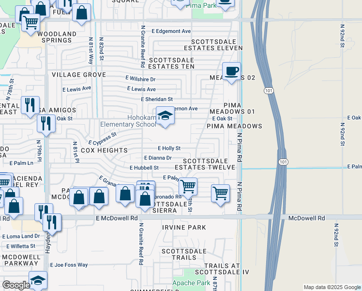 map of restaurants, bars, coffee shops, grocery stores, and more near 8630 East Holly Street in Scottsdale