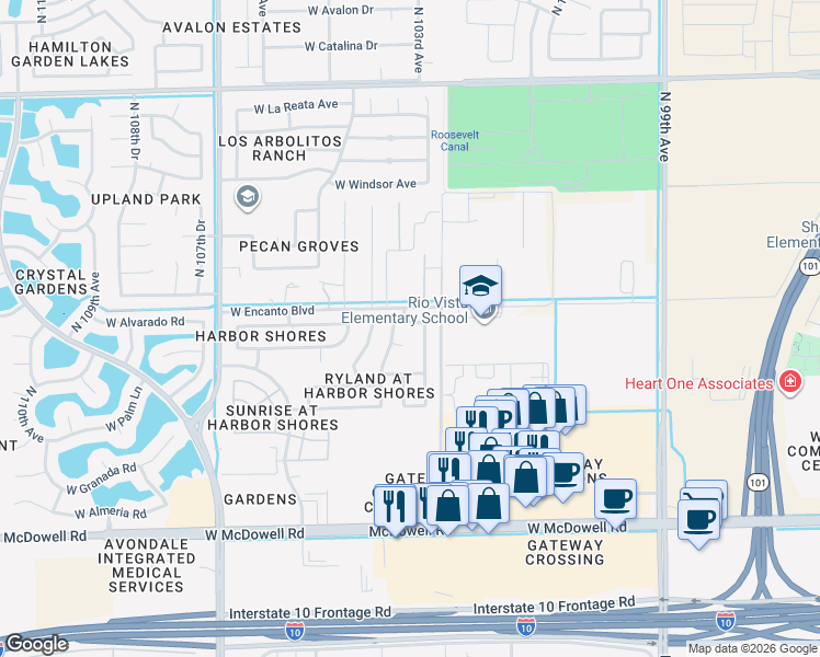 map of restaurants, bars, coffee shops, grocery stores, and more near 10367 West Alvarado Road in Avondale