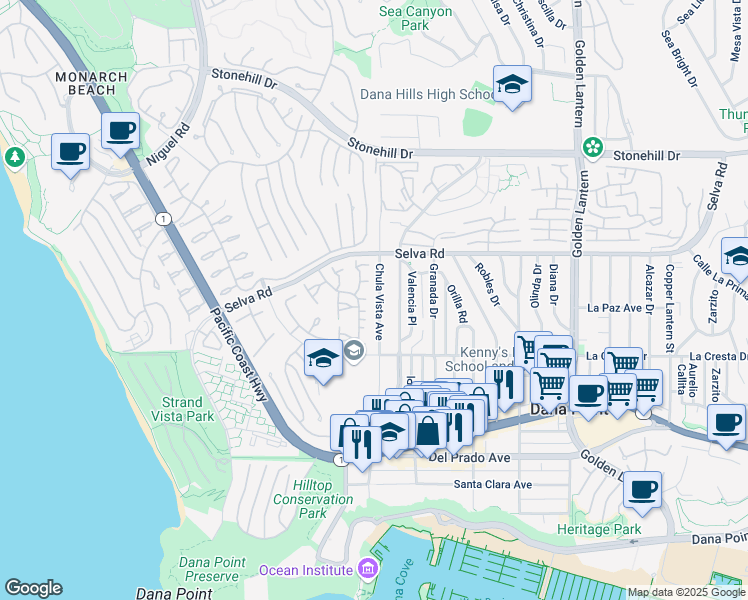 map of restaurants, bars, coffee shops, grocery stores, and more near 33851 Chula Vista Avenue in Dana Point