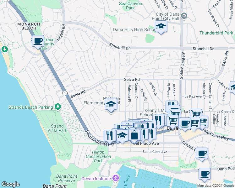 map of restaurants, bars, coffee shops, grocery stores, and more near 33851 Chula Vista Avenue in Dana Point