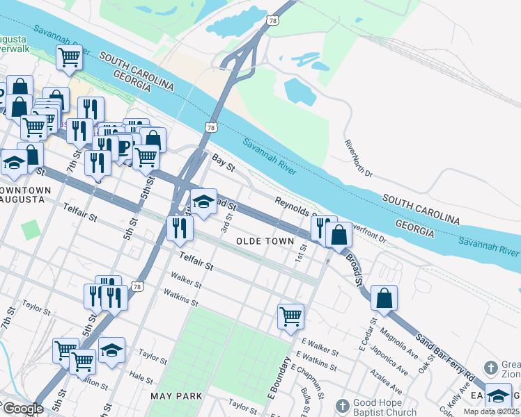 map of restaurants, bars, coffee shops, grocery stores, and more near 231 Broad Street in Augusta