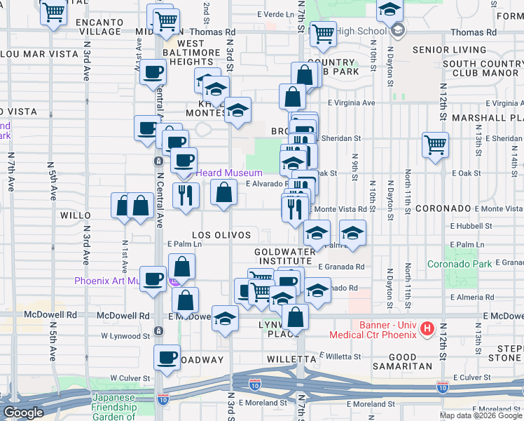 map of restaurants, bars, coffee shops, grocery stores, and more near 341 East Monte Vista Road in Phoenix