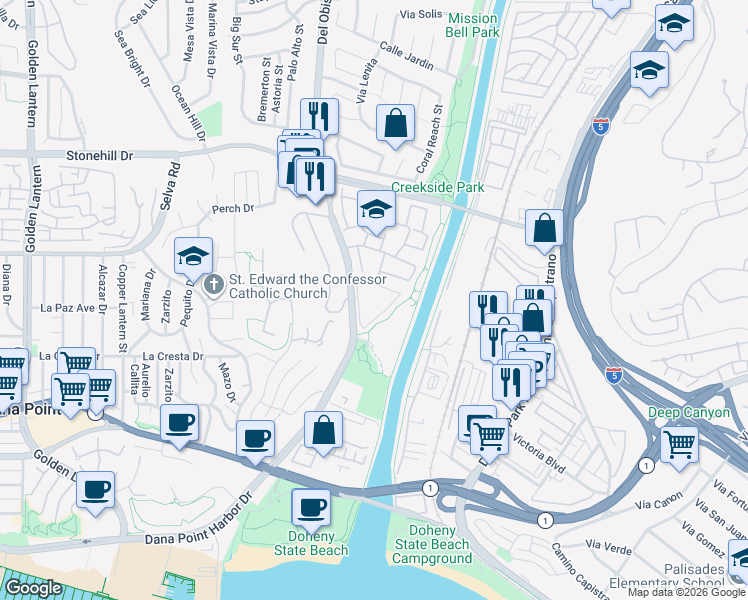 map of restaurants, bars, coffee shops, grocery stores, and more near 33852 Del Obispo Street in Dana Point