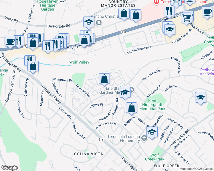 map of restaurants, bars, coffee shops, grocery stores, and more near 44970 Bellflower Lane in Temecula