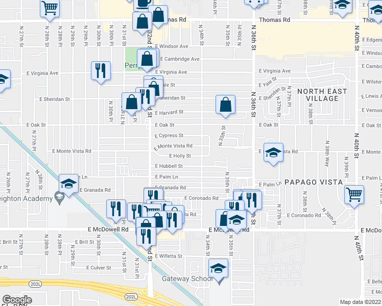 map of restaurants, bars, coffee shops, grocery stores, and more near 3330 East Holly Street in Phoenix