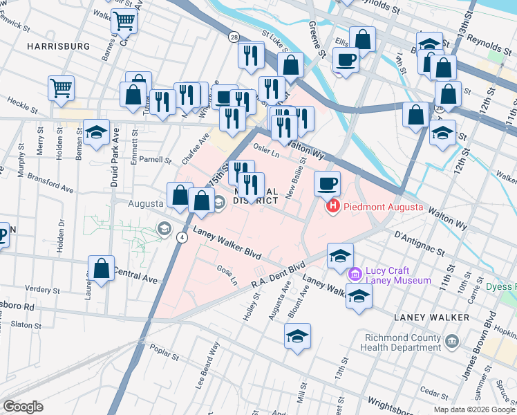 map of restaurants, bars, coffee shops, grocery stores, and more near 1120 15th Street in Augusta
