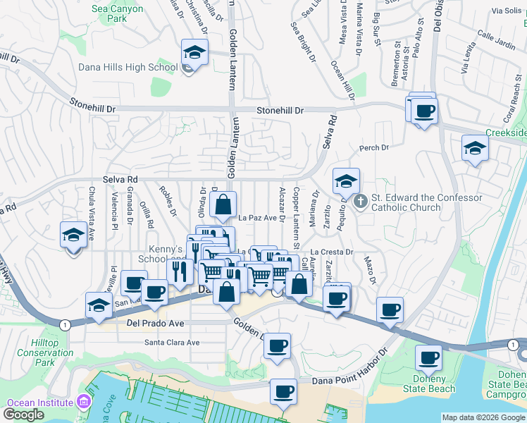 map of restaurants, bars, coffee shops, grocery stores, and more near 33853 Malaga Drive in Dana Point