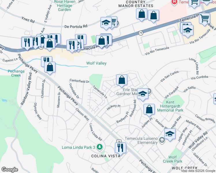 map of restaurants, bars, coffee shops, grocery stores, and more near 44888 Poppy Ridge Drive in Temecula