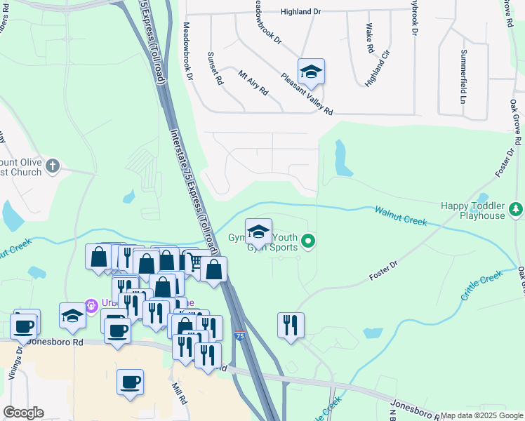 map of restaurants, bars, coffee shops, grocery stores, and more near 237 Janney Circle in McDonough