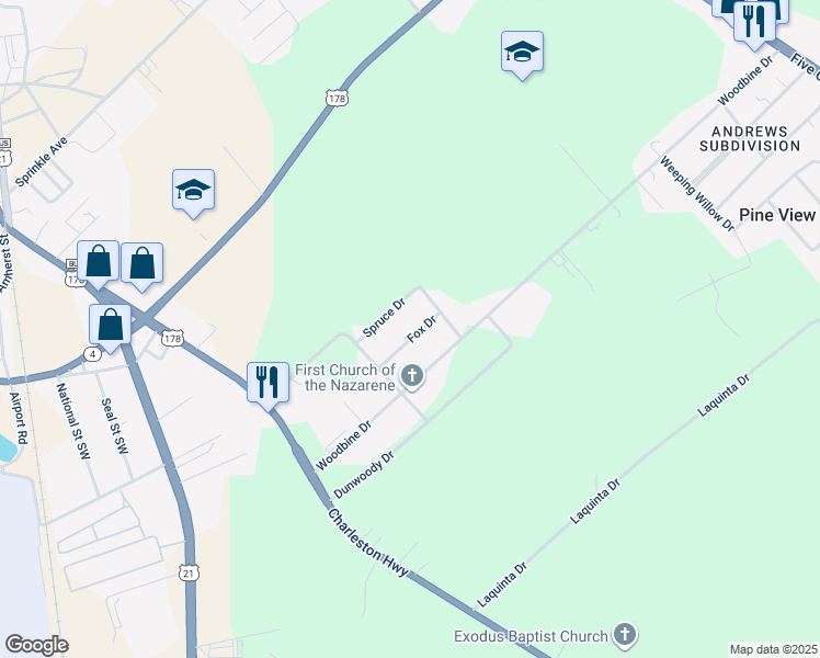 map of restaurants, bars, coffee shops, grocery stores, and more near 497 Fox Drive in Orangeburg