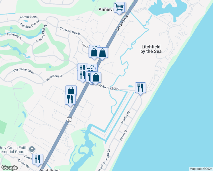 map of restaurants, bars, coffee shops, grocery stores, and more near 149 County Road S-22-302 in Pawleys Island