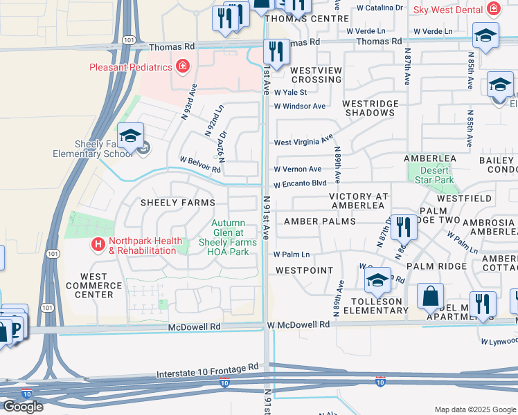 map of restaurants, bars, coffee shops, grocery stores, and more near 9103 W Encanto Blvd in Phoenix