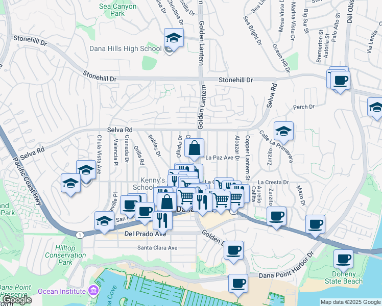 map of restaurants, bars, coffee shops, grocery stores, and more near 33854 Diana Drive in Dana Point