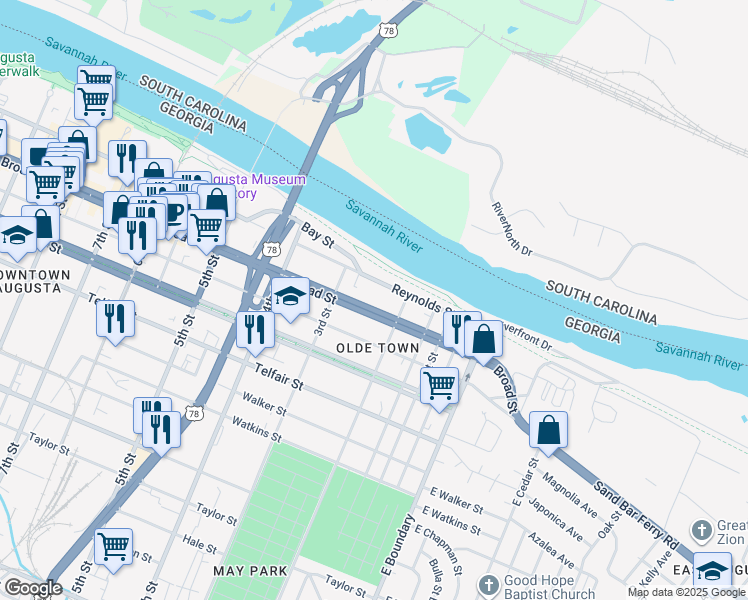 map of restaurants, bars, coffee shops, grocery stores, and more near 231 Broad Street in Augusta