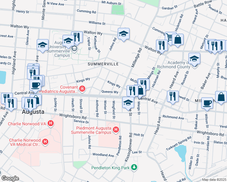 map of restaurants, bars, coffee shops, grocery stores, and more near 1218 Winter Street in Augusta