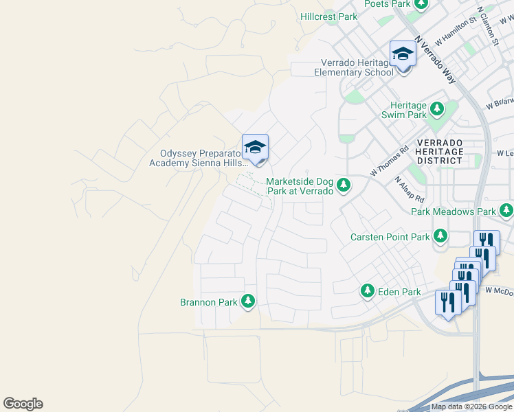 map of restaurants, bars, coffee shops, grocery stores, and more near 21338 West Monte Vista Road in Buckeye