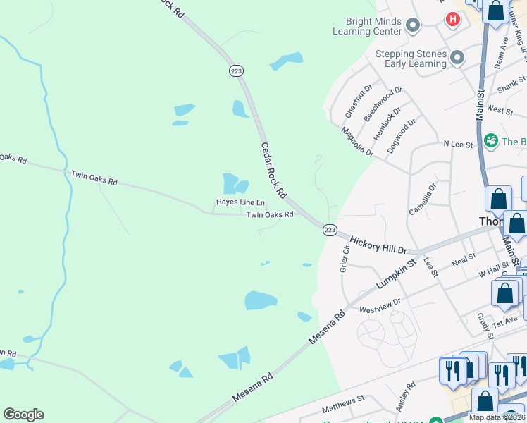 map of restaurants, bars, coffee shops, grocery stores, and more near 571 Twin Oaks Road in Thomson