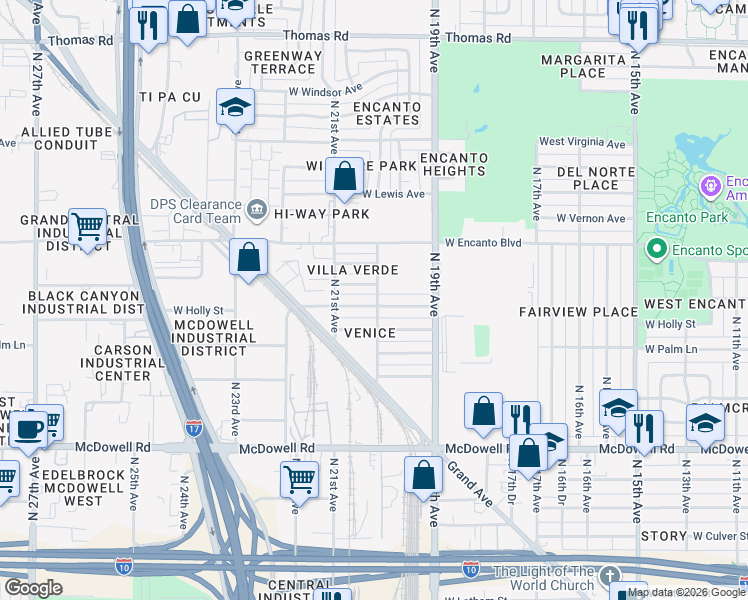 map of restaurants, bars, coffee shops, grocery stores, and more near 2002 West Monte Vista Road in Phoenix