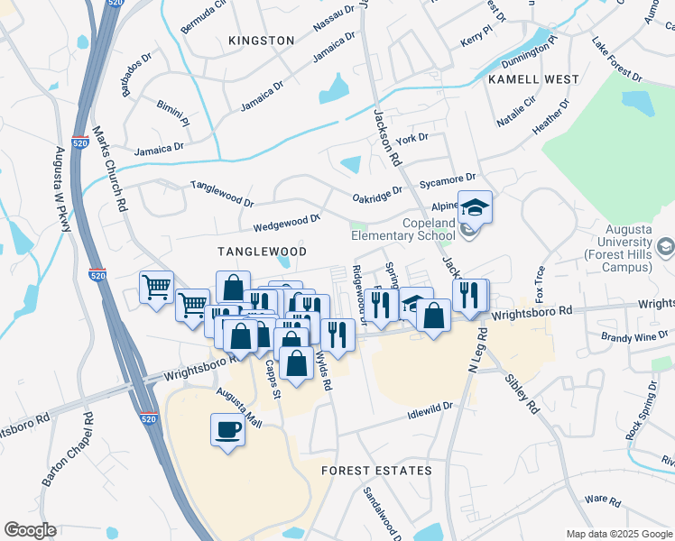 map of restaurants, bars, coffee shops, grocery stores, and more near 3353 Wrightsboro Road in Augusta