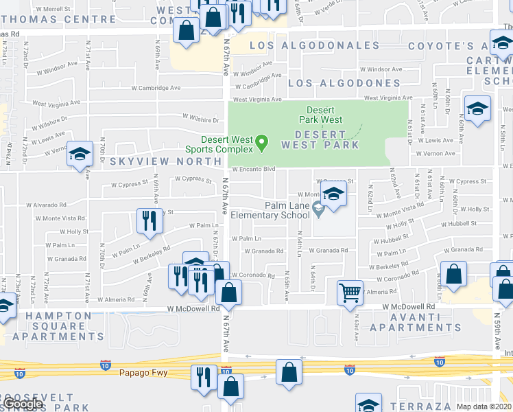 map of restaurants, bars, coffee shops, grocery stores, and more near 6602 West Holly Street in Phoenix