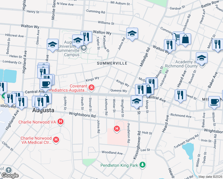 map of restaurants, bars, coffee shops, grocery stores, and more near 1214 Anthony Road in Augusta