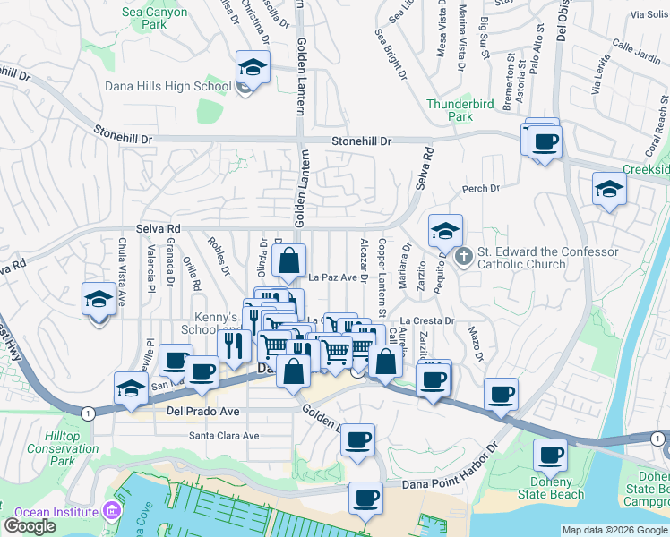 map of restaurants, bars, coffee shops, grocery stores, and more near 33852 Silver Lantern Street in Dana Point