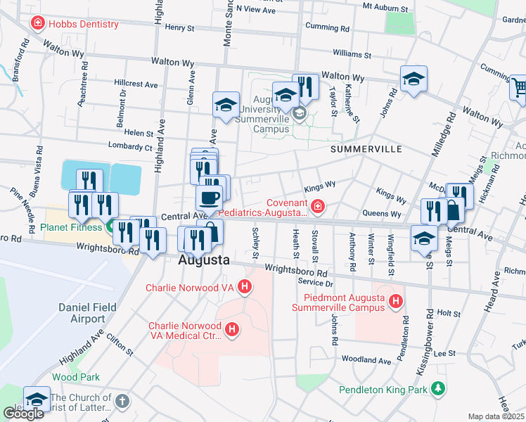 map of restaurants, bars, coffee shops, grocery stores, and more near 2423 Central Avenue in Augusta