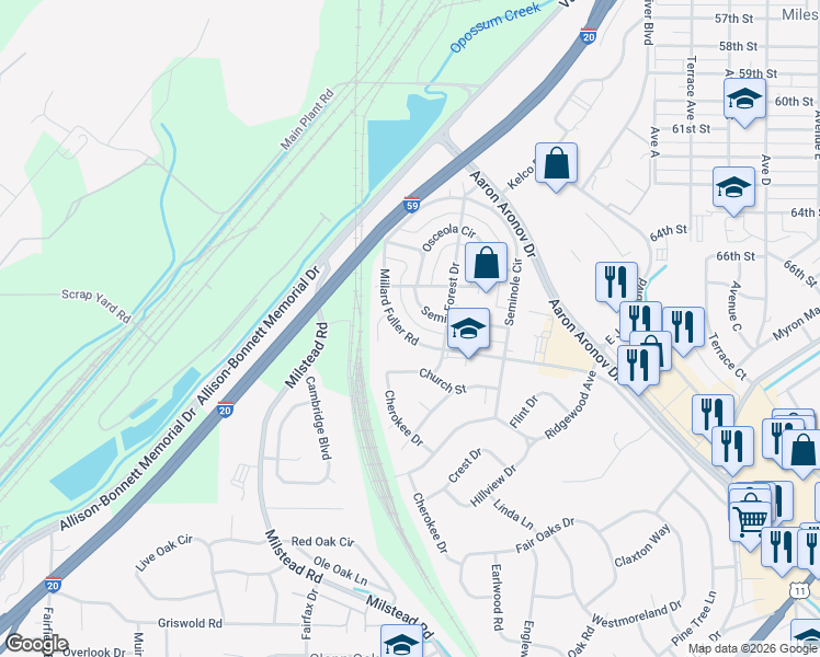 map of restaurants, bars, coffee shops, grocery stores, and more near 6632 Millard Fuller Road in Fairfield