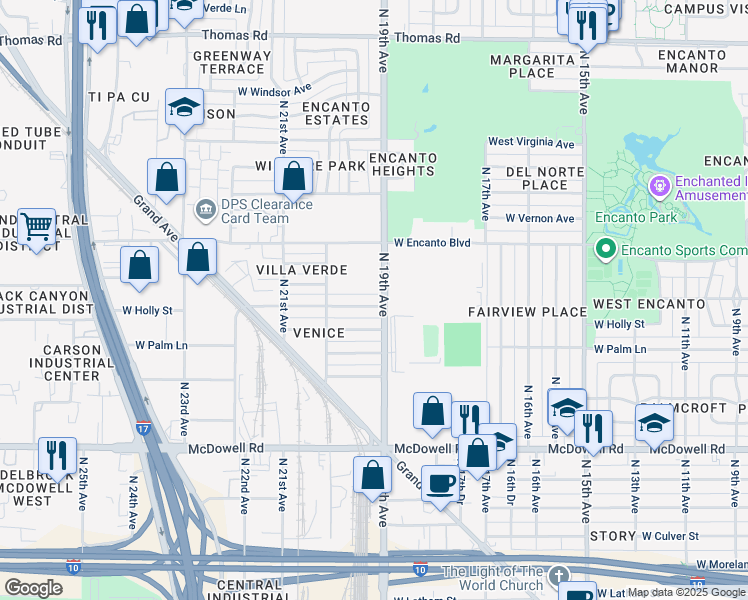 map of restaurants, bars, coffee shops, grocery stores, and more near 1912 West Monte Vista Road in Phoenix