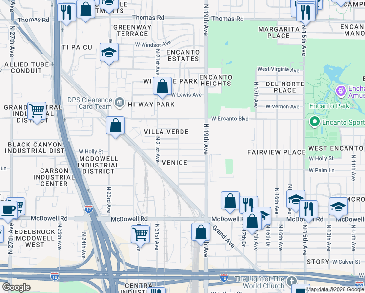 map of restaurants, bars, coffee shops, grocery stores, and more near 2002 West Monte Vista Road in Phoenix