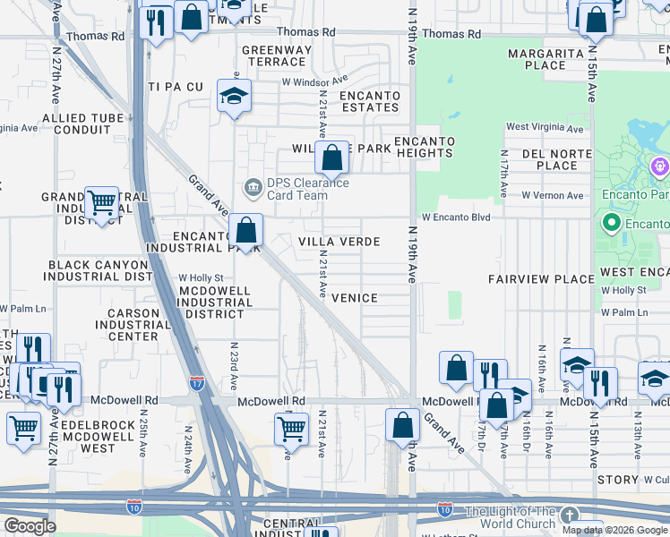 map of restaurants, bars, coffee shops, grocery stores, and more near 2035 West Monte Vista Road in Phoenix