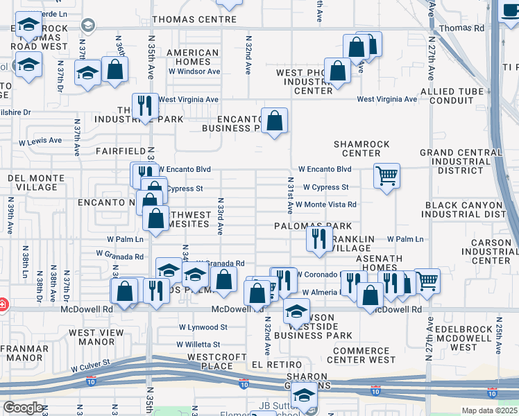 map of restaurants, bars, coffee shops, grocery stores, and more near 3201 West Monte Vista Road in Phoenix