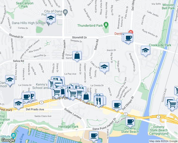map of restaurants, bars, coffee shops, grocery stores, and more near 33861 Mariana Drive in Dana Point