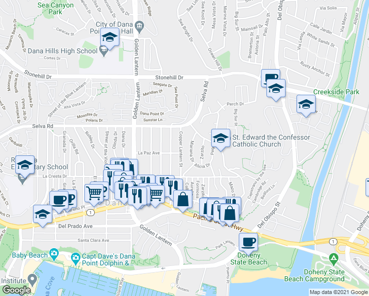 map of restaurants, bars, coffee shops, grocery stores, and more near 33861 Mariana Drive in Dana Point