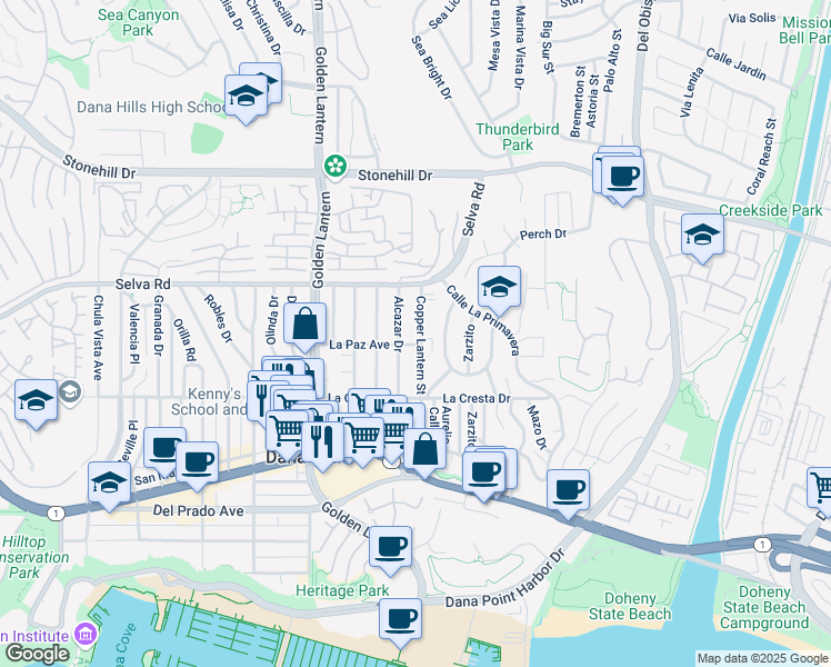 map of restaurants, bars, coffee shops, grocery stores, and more near 33862 Alcazar Drive in Dana Point