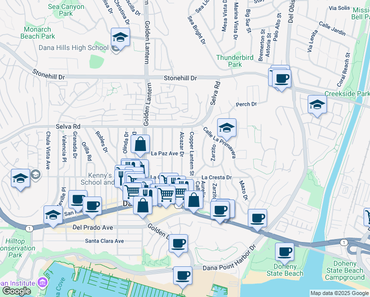 map of restaurants, bars, coffee shops, grocery stores, and more near 33862 Alcazar Drive in Dana Point
