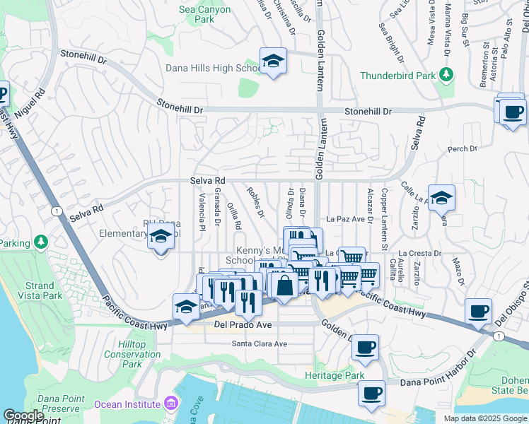 map of restaurants, bars, coffee shops, grocery stores, and more near 33859 Street of the Violet Lantern in Dana Point