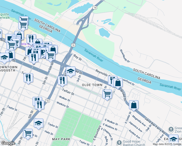 map of restaurants, bars, coffee shops, grocery stores, and more near 231 Broad Street in Augusta
