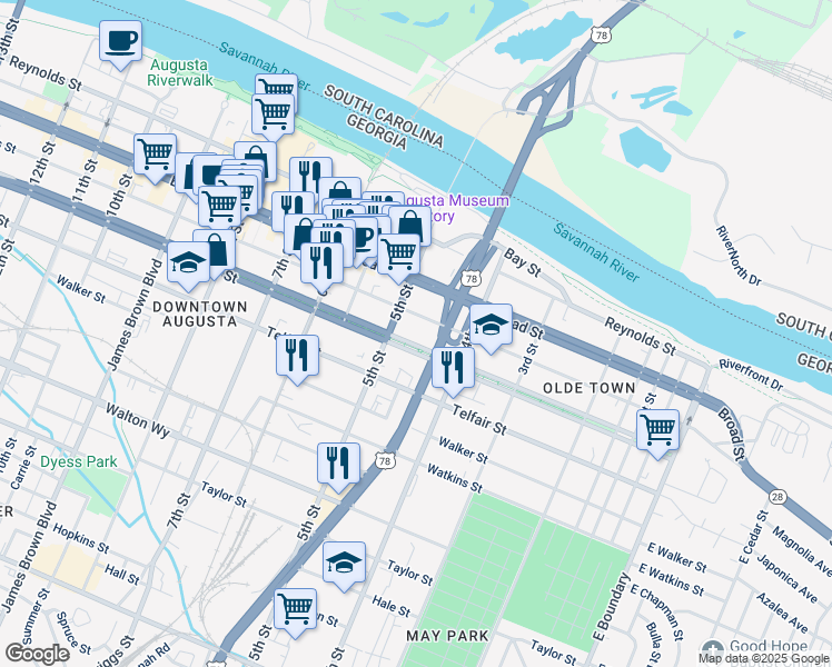 map of restaurants, bars, coffee shops, grocery stores, and more near 431 Greene Street in Augusta