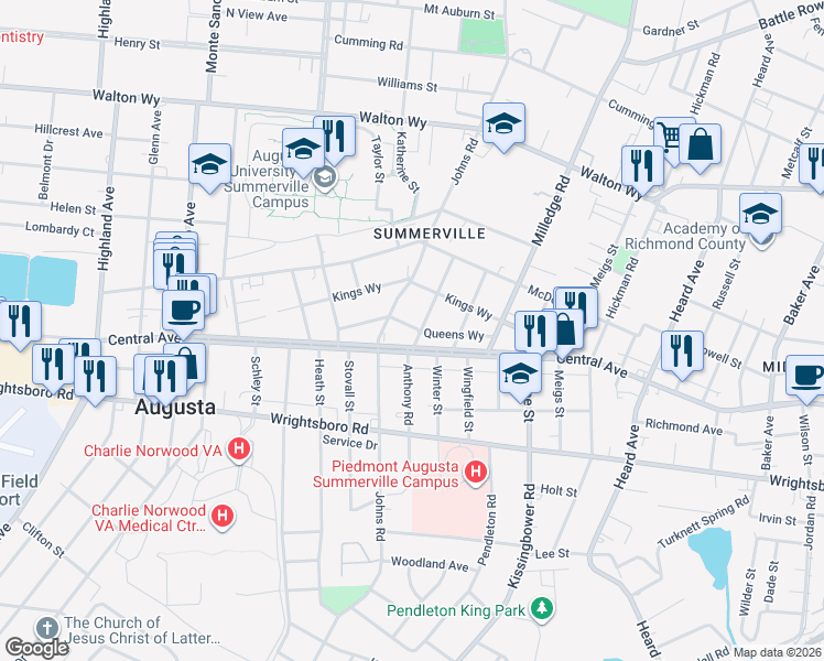 map of restaurants, bars, coffee shops, grocery stores, and more near 1214 Anthony Road in Augusta