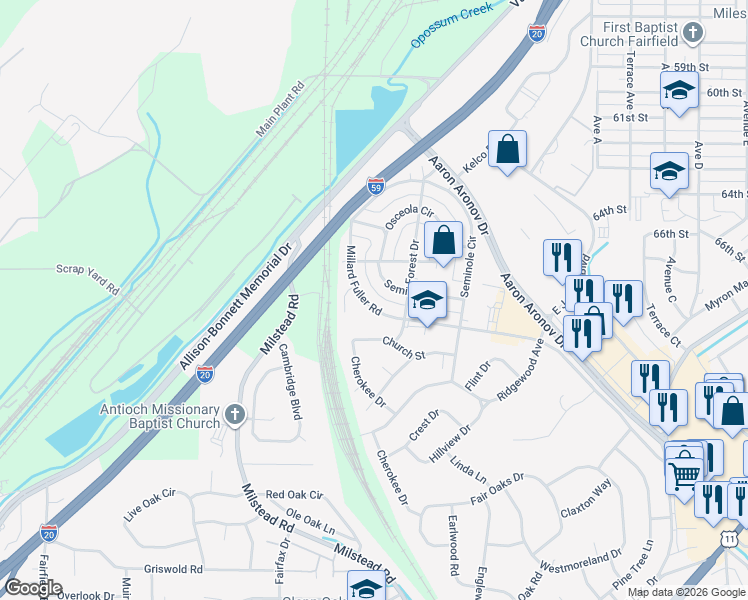 map of restaurants, bars, coffee shops, grocery stores, and more near 6632 Millard Fuller Road in Fairfield