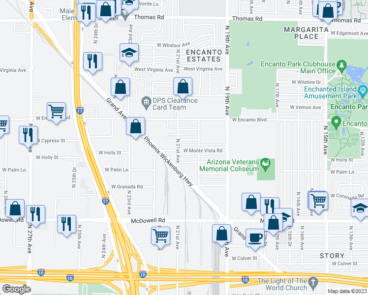 map of restaurants, bars, coffee shops, grocery stores, and more near 2035 West Monte Vista Road in Phoenix