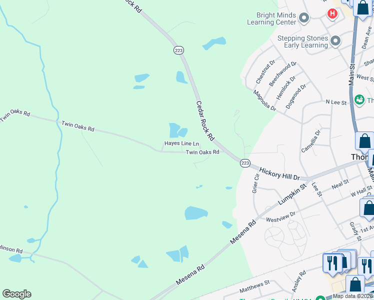 map of restaurants, bars, coffee shops, grocery stores, and more near 571 Twin Oaks Road in Thomson